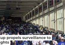 Under the watchful eye of surveillance cameras, fans leave after the France-Senegal World Cup match in East Rutherford, N.J., on June 16, 2026. AP Photo/Ted Shaffrey
